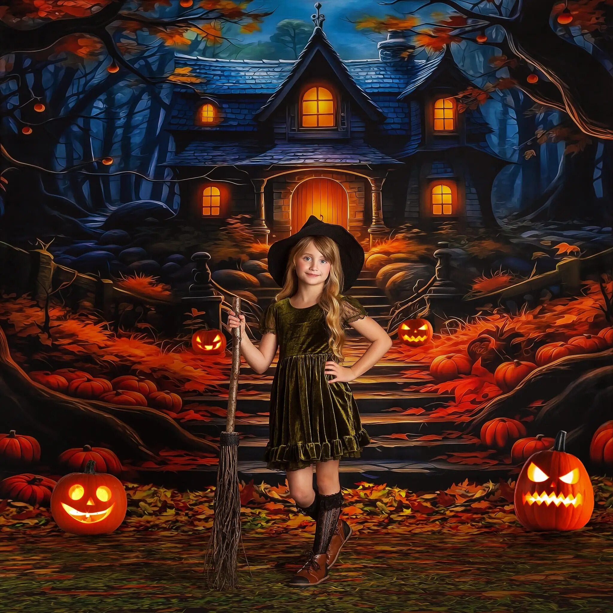 Halloween Haunted Cottage Backdrops Kids Portrait Photography Child Baby Cake Smash Fall Pumpkin Lantern Background