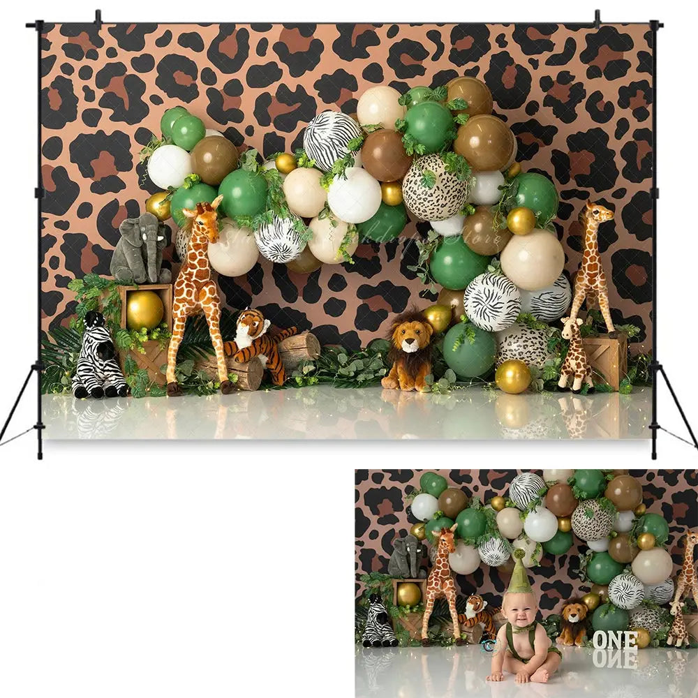 Balloon Garland Backdrop Wild Animals Kids Baby Cake Smash Photography Props Child Adult Birthday Photo Shoot Backgrounds