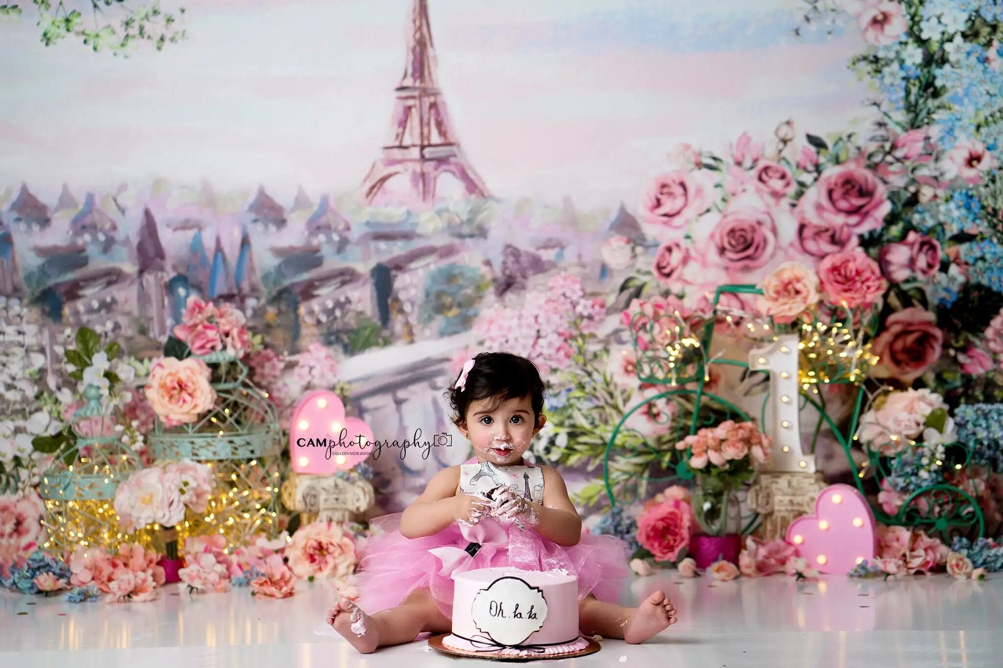 Paris Floral Backdrops Kids Baby Photocall Child Adult Birthday Cake Smash Decors Flower Eiffel Tower Rose Background