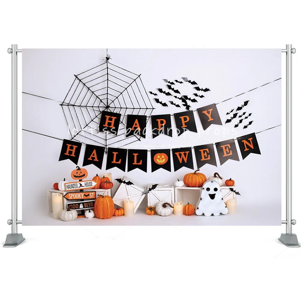 Arrière-plan de maison d'halloween, château, forêt, lune, pierre tombale, décor de Festival, lanterne de citrouille, accessoires de Studio Photo