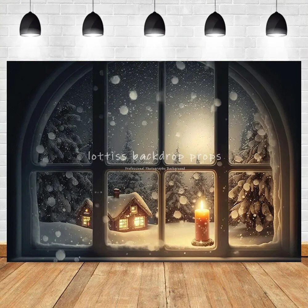 Snowy Windows Christmas Backdrop Candle Light Family Photocall Adult Child Baby Photogrpahy Props Winter Xmas Background