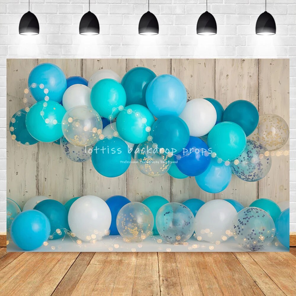 Blue Balloons Backdrops Boy Cake Smash Props Birthday Party Portrait Props Children Baby Balloon Wood Wall Background