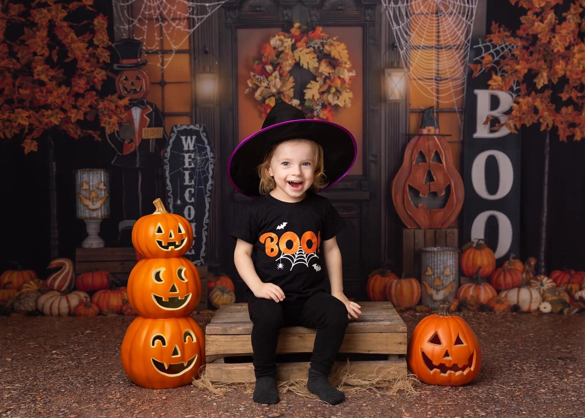 Arrière-plan de porte avant d'halloween, photographie d'enfants et d'adultes, lanterne de citrouille d'anniversaire de bébé, arrière-plan de Festival d'arbres d'automne 