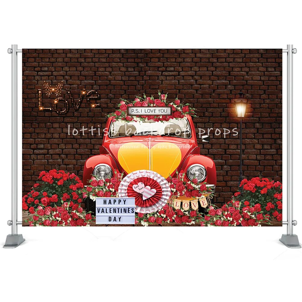 Red Rose Valentine's Day Background Brick Wall Toy Shop Decor Floral Balloons Love Anniversary Party Photography Backdrop