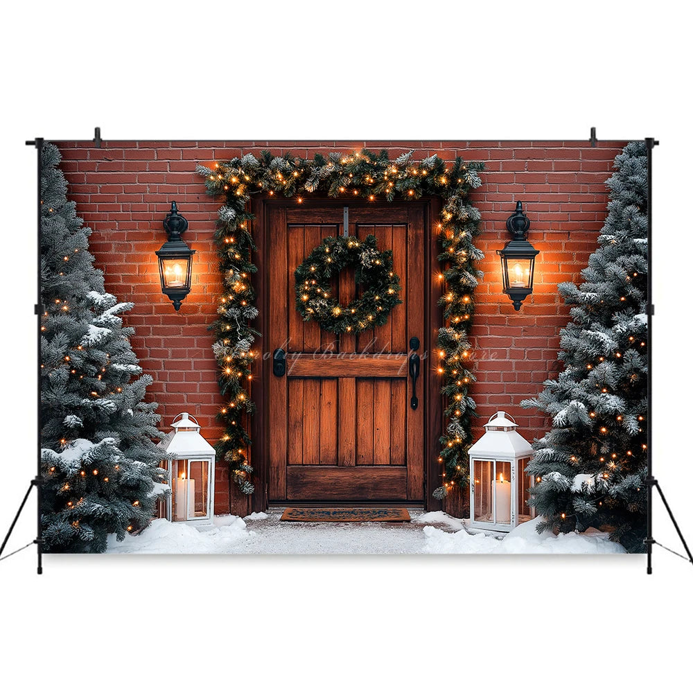 Christmas Photo Backdrop Wooden Barn Door With Fancy Trees Baby Kids Portrait Family Party Photocall Photograhy Background