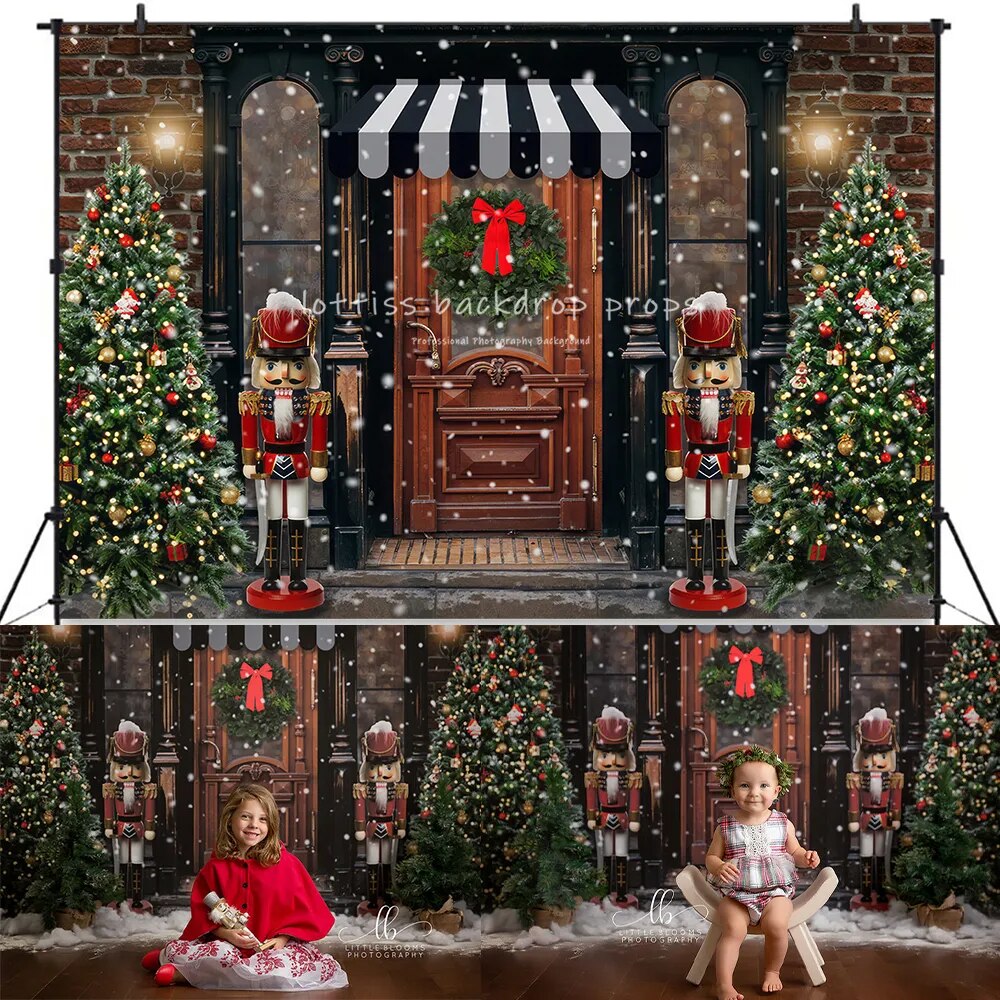 Vintage Christmas Storefronts Backdrop Kids Adult Photography Child Baby Birthday Cake Smash Props Snowy Toy Street Background