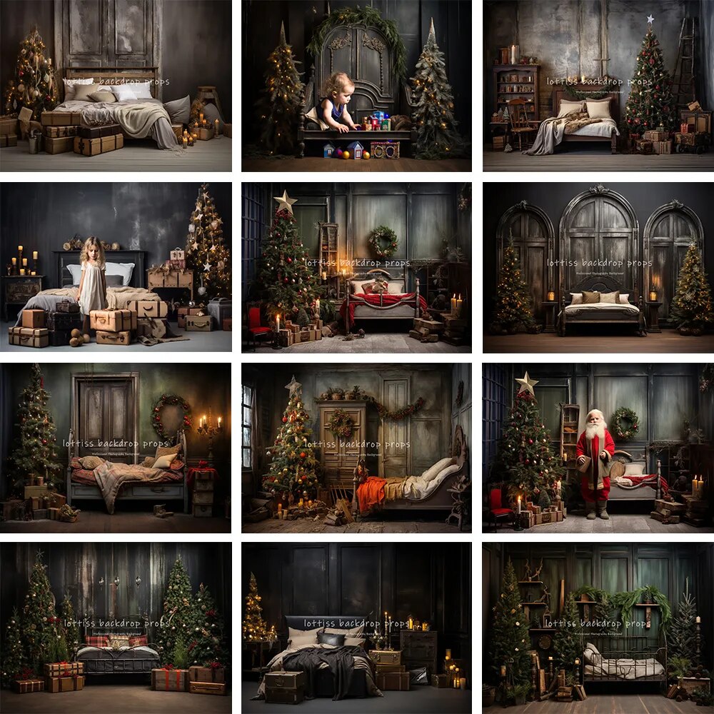 Arrière-plan de chambre à coucher de noël, photographie de bébé, enfant adulte, séance photo, arbres de noël, porte en bois, arrière-plan de salon 