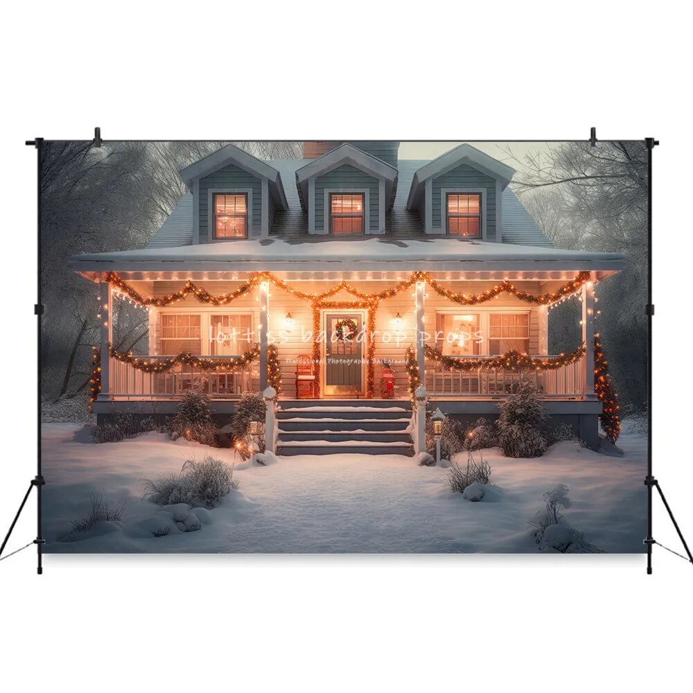 Eve of Christmas House Front Backdrops Kids Adult Photography Decors Child Baby Photocall Xmas Snowy Snowflake Background