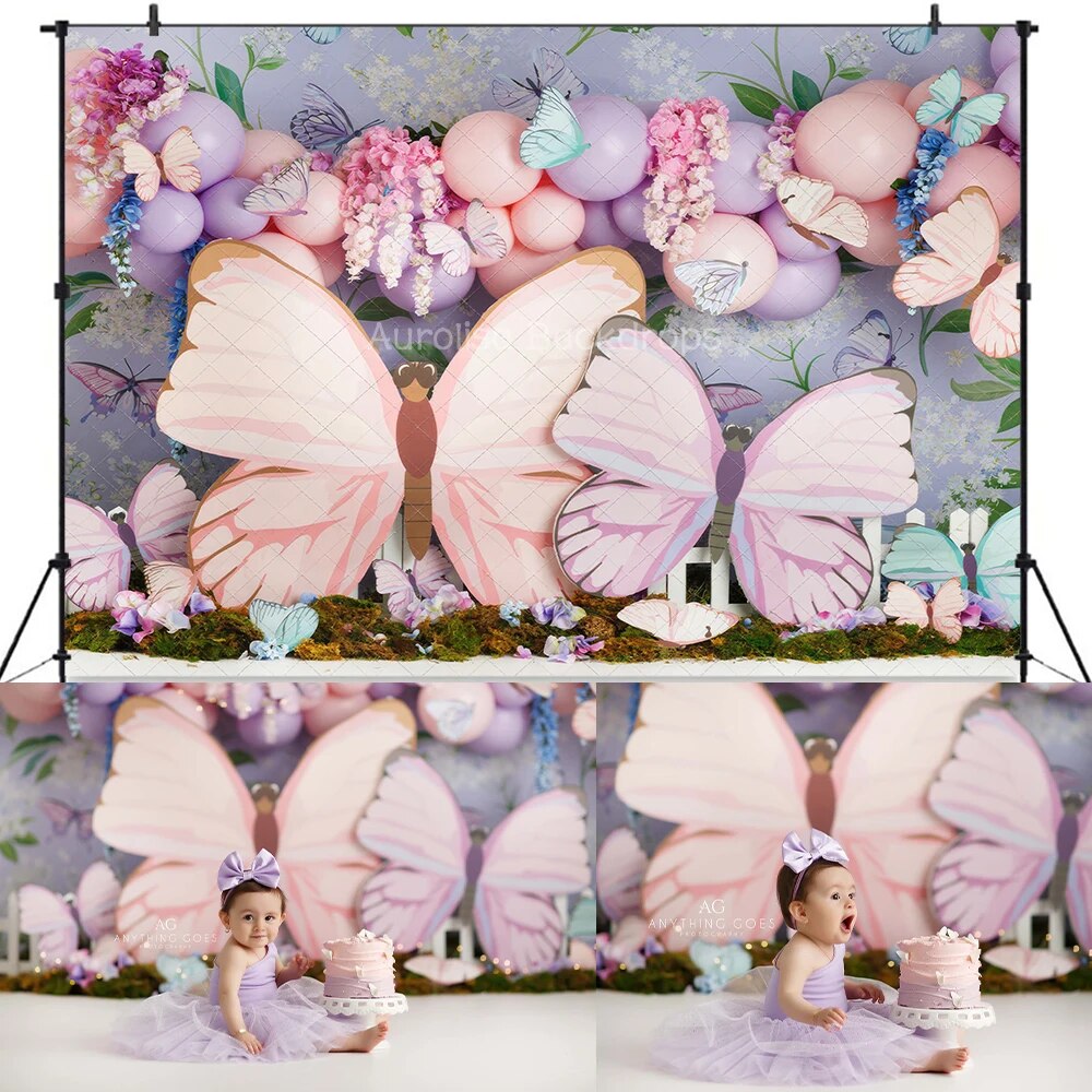 Floral Butterflies Castle Backdrops Kids Baby Cake Smash Props Child Girl Photocall Decors Birthday Cake Smash Background