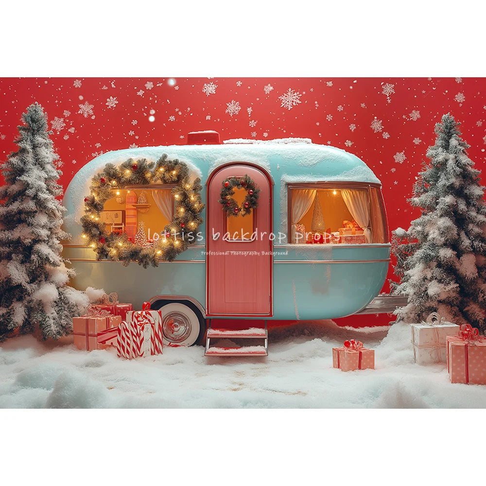 Christmas Truck Snowy House Backdrops Kids Family Photography Child Baby Photocall Snowflake Forest Xmas Bus Trees Backgrounds