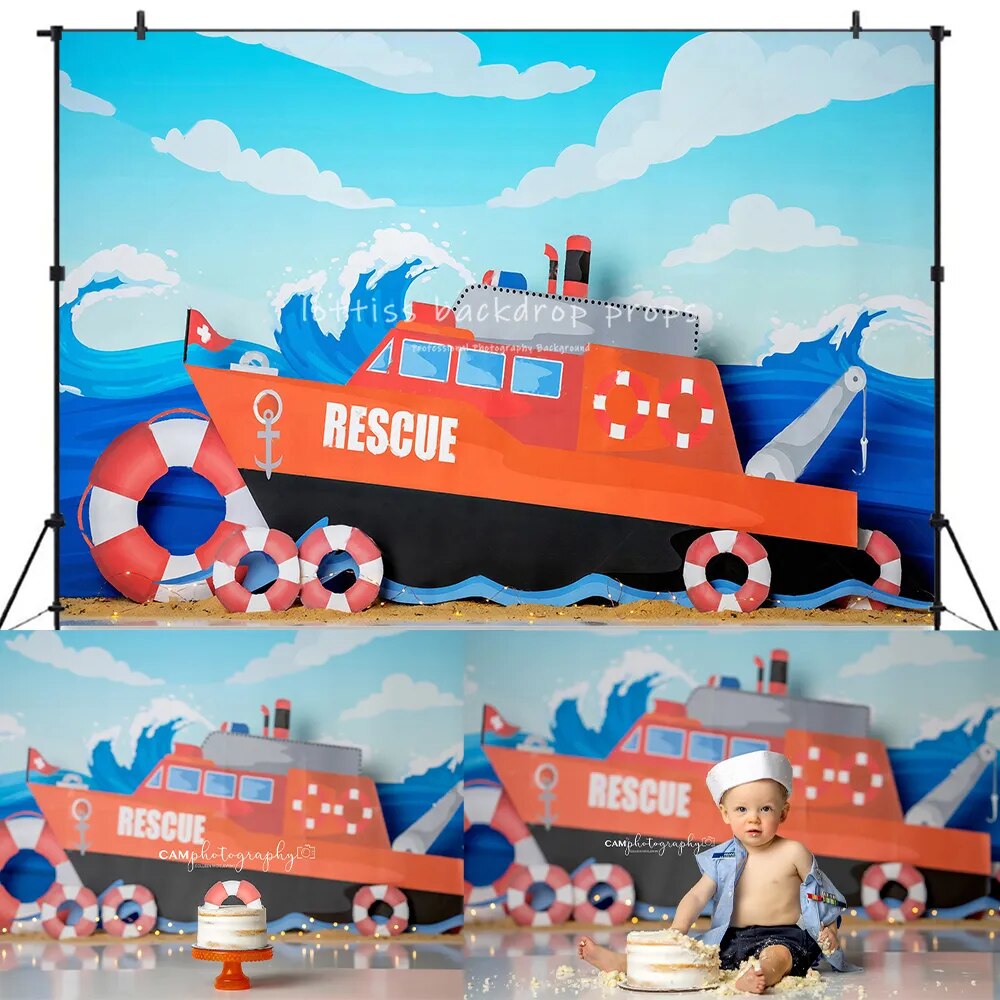 Coast Guard Rescue Backdrops kids Cake Smash Photography Child Baby Photography Props Birthday Seaside Ship Background