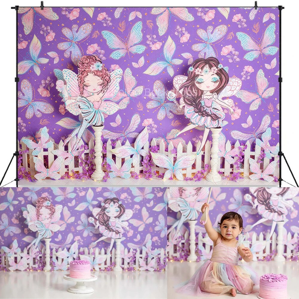 Purple Butterflies and Fairies Backdrops KIds Baby Cake Smash Birthday Photocall Props Child Photography Girl Ballet Background