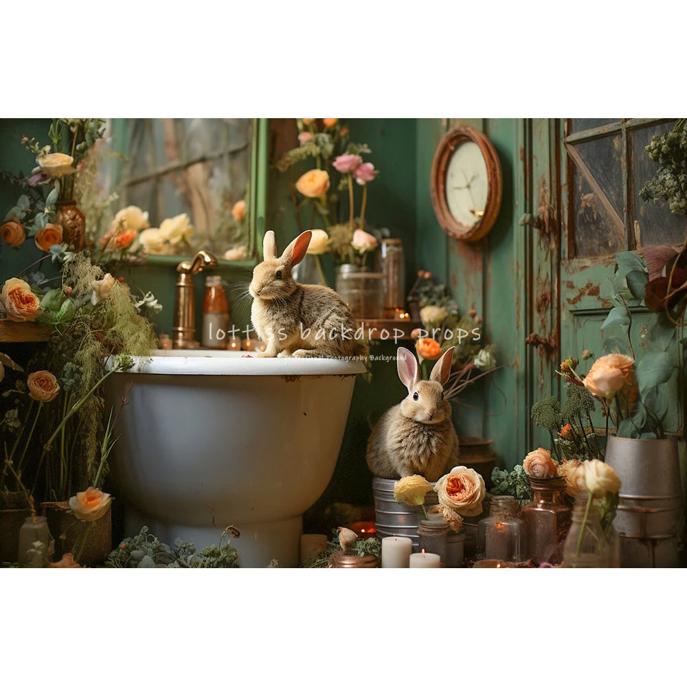 Easter Floral Bathroom With Bunny Backdrops Kids Baby Photography Child Adult Photocall Garden Flower Retro Wall Backgrounds