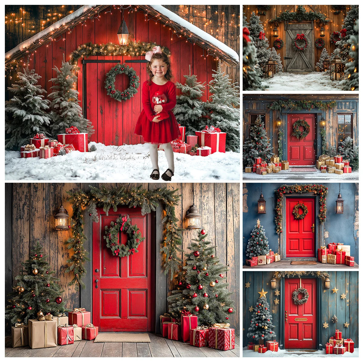 Winter Christmas Cottage Backdrops Kids Adult Photography Country House Entrance Red Door Gift Box Xmas Trees Backgrounds