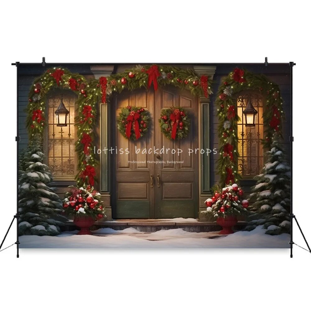 Christmas House Front Door Backdrops Kids Adult Photography Props Child Baby Photocall Decors Wooden Door Snowy Xmas Background