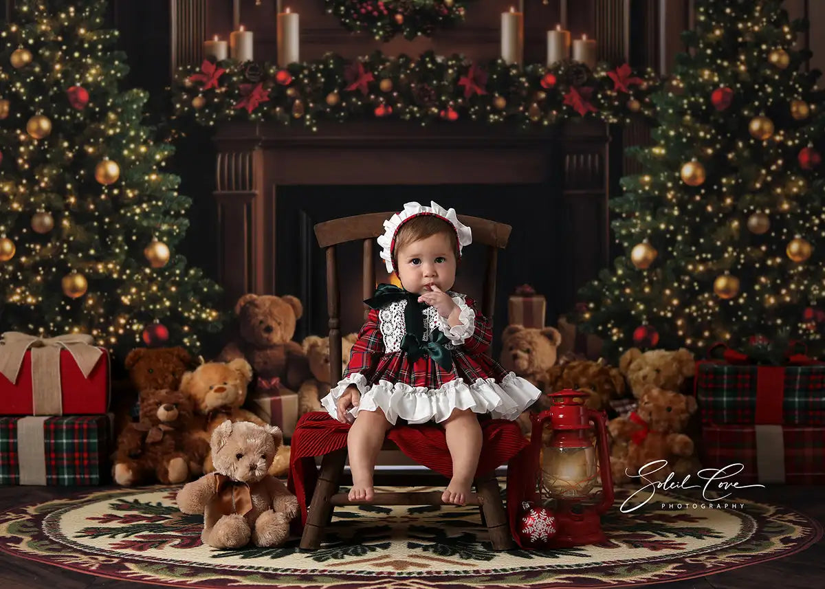 Christmas Little Bear and Fireplace Backdrop Baby Kids Portrait Family Party Photocall Photograhy Studio Background