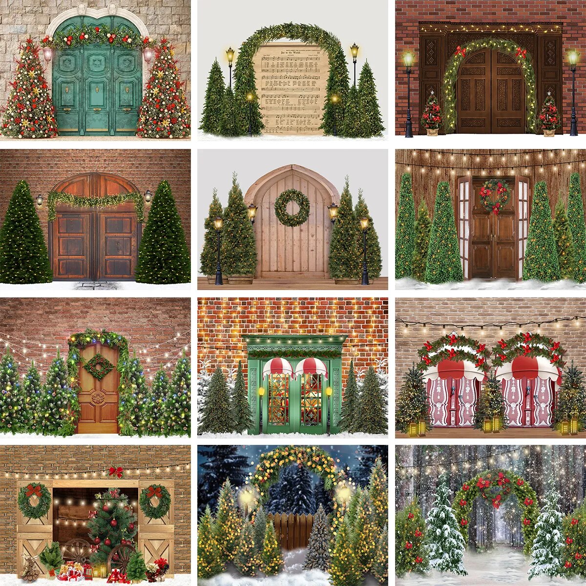 Christmas House Barn Door Backgrounds Photography Winter Trees Wreath Party Props Kids Famiy Portrait Backdrops Props