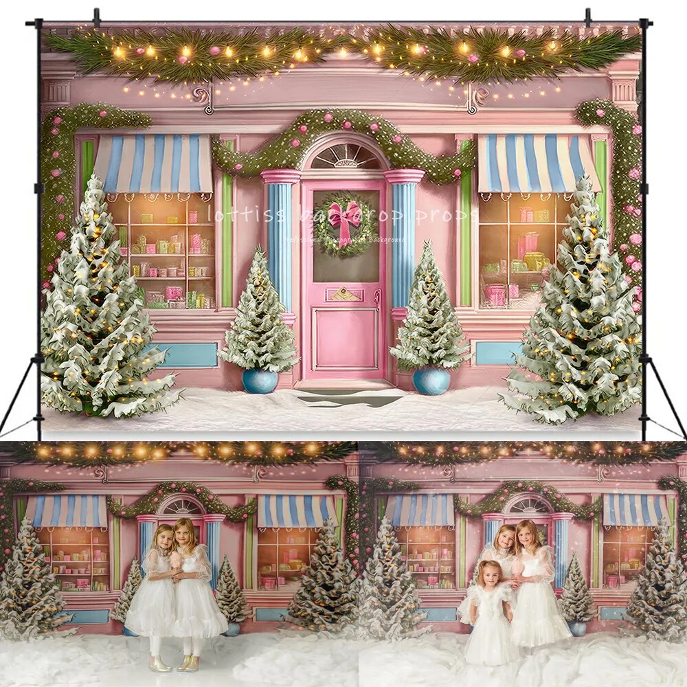 Foresty Sweet Shop – arrière-plan de noël pour enfants et filles, accessoires de photographie pour enfants et adultes, hiver, noël, rose, neige, arrière-plan avant de magasin