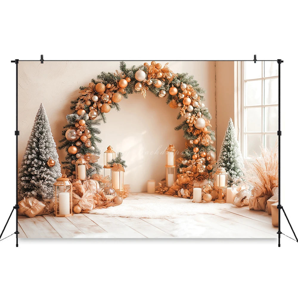 Christmas Arched Window with Xmas Tree Backdrop White Room Fireplace Baby Kids Portrait Family Party Photocall Photograhy Decors