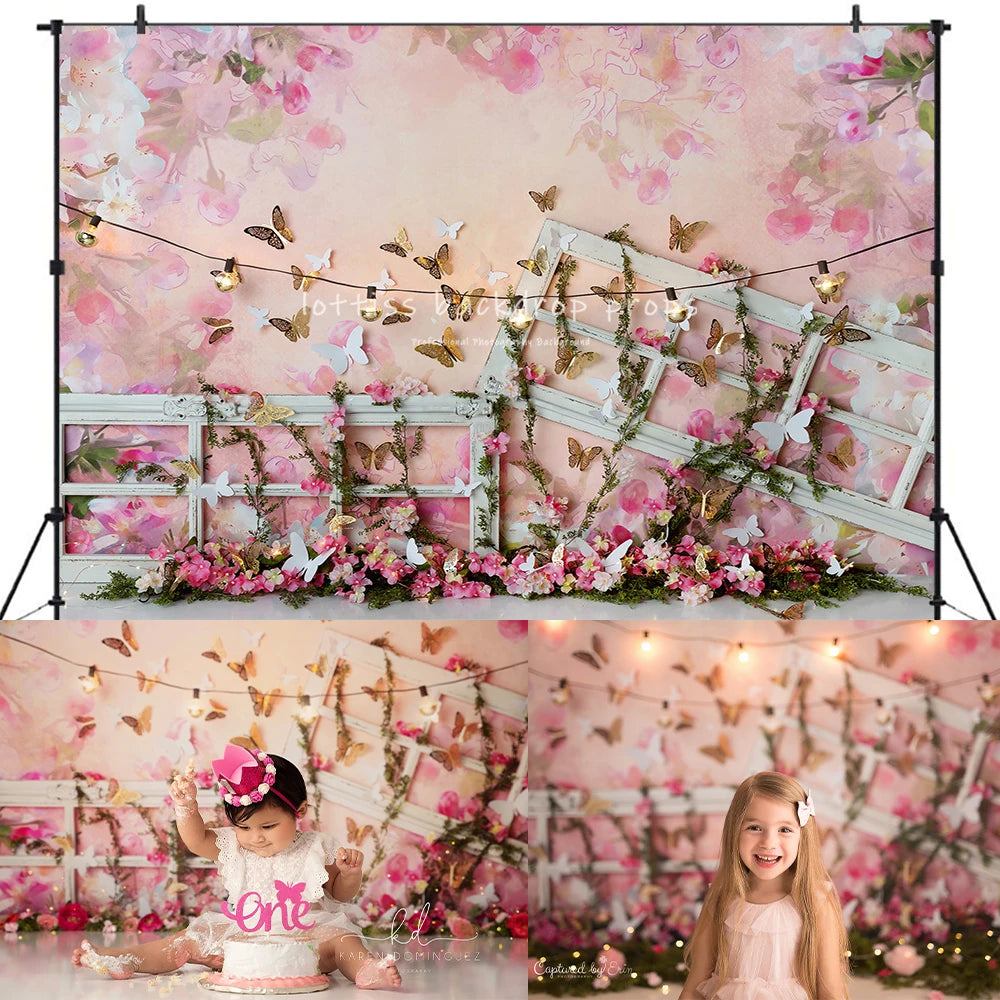 Spring Butterfly Floral Market Backdrops Kids Girl Photography Props Child Baby Birthday Cake Smash Flower Garden Backgrounds