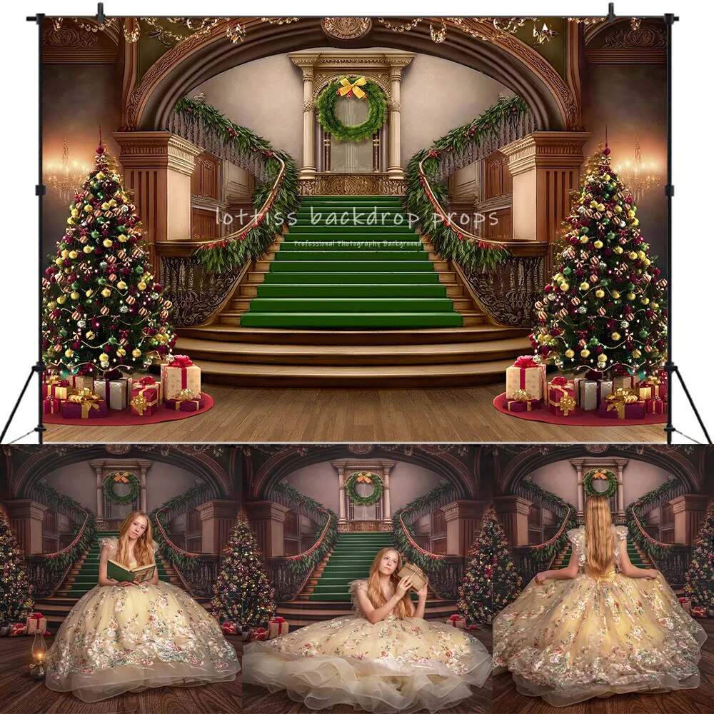 Christmas Castle Staircase Backdrop Kids Photography Props Child Baby Adult Photocall Props Xmas Winter Stair Background