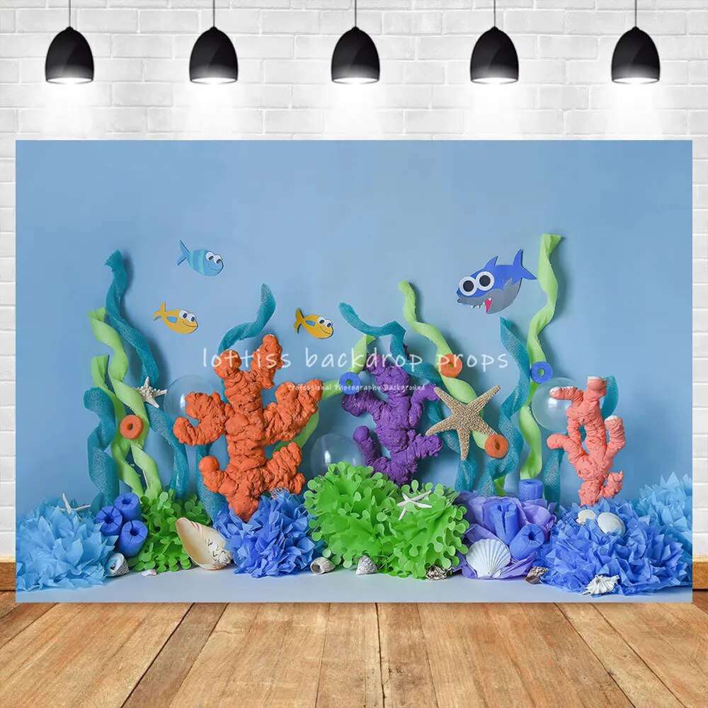 Aquarium Undersea Backdrop Photography Kids Cake Smash Child Baby Birthday Party Props Fish Shark Coral Background Photostudio