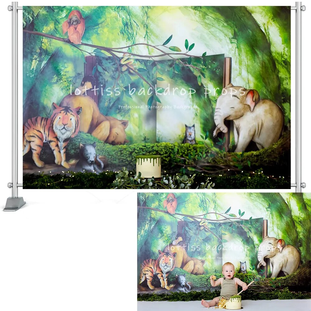 Exploration du Safari toile de fond enfants bébé gâteau Smash photographie enfant adulte Photocall accessoires forêt animaux fond