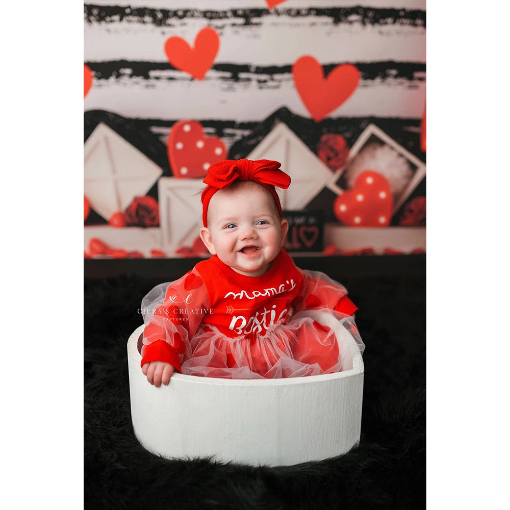 Red Curtain Photo Background Heart Rose Flower Stripes Decoration Photography Backdrop Cloth Kids Portrait Photo Studio Props