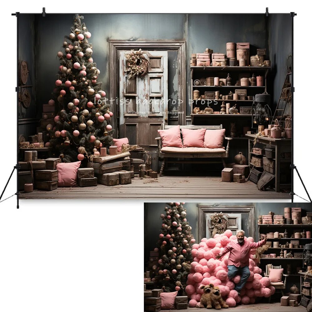 Arrière-plan de poste de travail rose du père noël, accessoires de photographie pour enfants et bébés, arrière-plan de maison pour Festival de noël et anniversaire pour enfants et adultes 