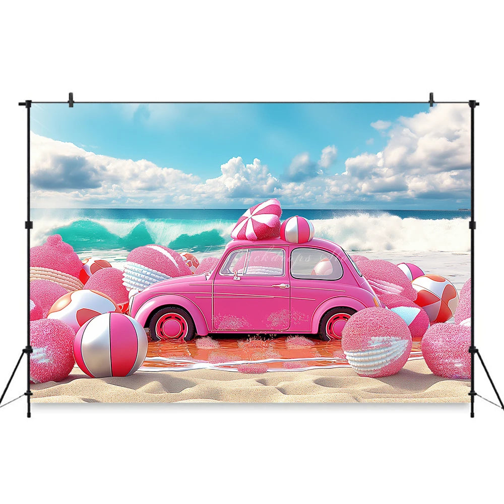 Classic Pink Car Sits on the Beach Photography Backdrop Kids Baby Cake Smash Photocall Decors Summer Plam Tree Studio Background