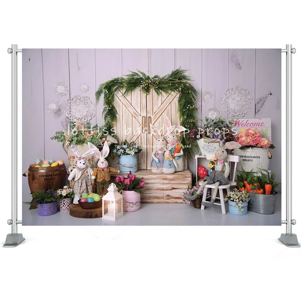 Easter Photography Backdrop Cake Smash Bunny Wooden Board Wall Grass Flowers Easter Eggs Kids Portrait Photo Backdground