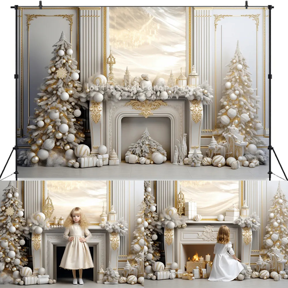 Noël argent cheminée décors enfants adultes photographie accessoires enfant bébé Photocall couronne arbres de noël salon fond 