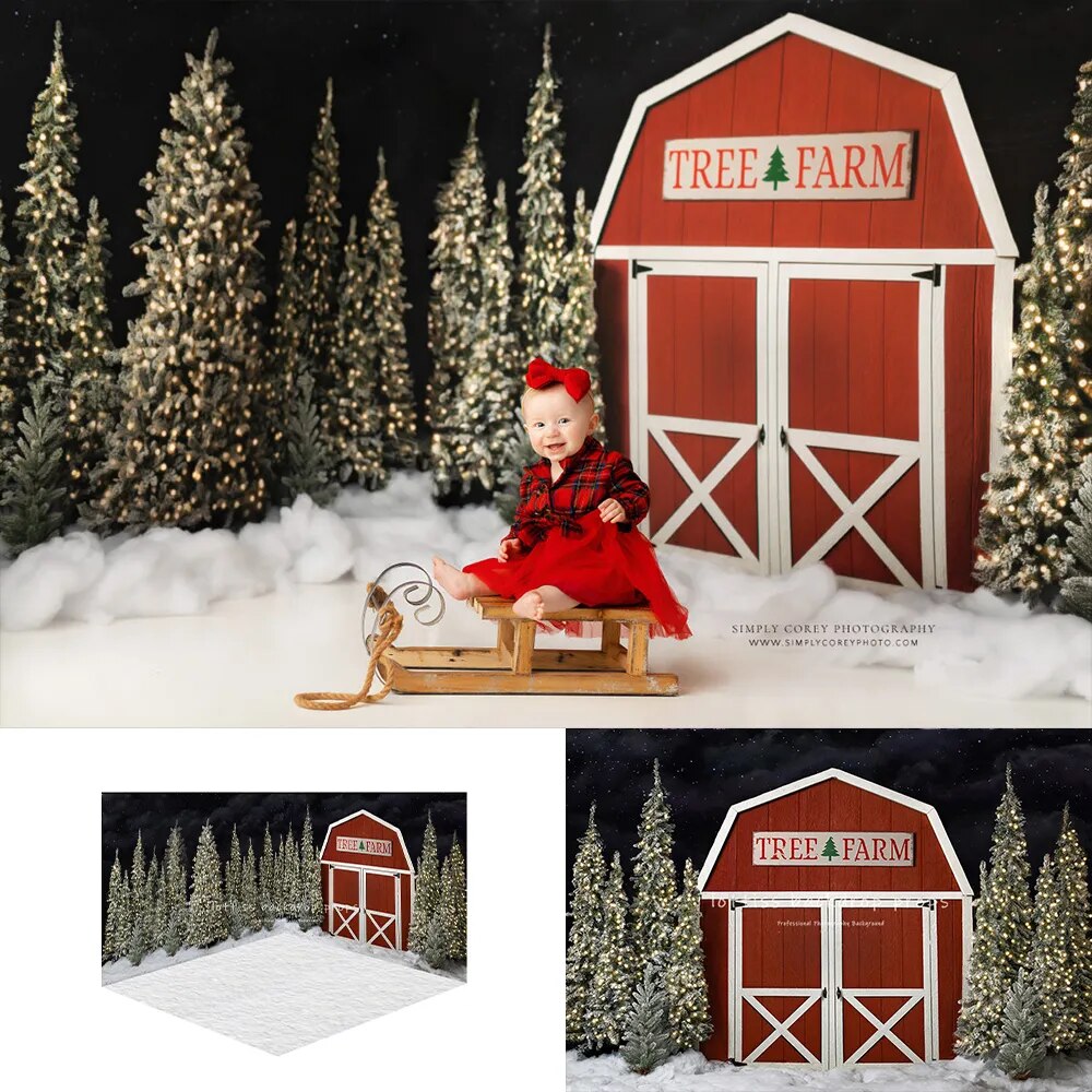 Tree Farm Barn Backdrops Kids Winter Portrait Photography Adult Child Cake Smash Snowy Forest Trees Background