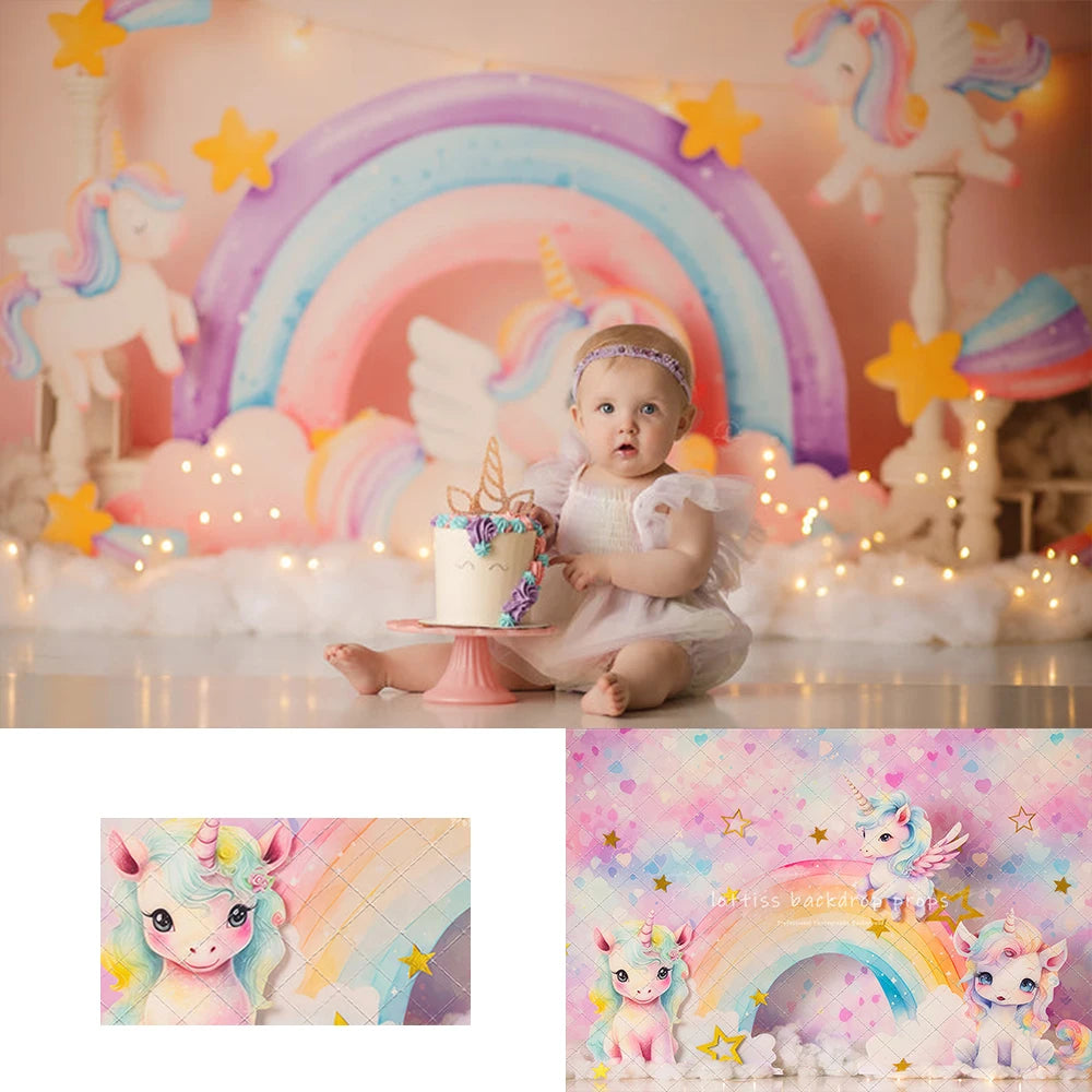 Happy Unicorns Backdrops Kids Boy Photography Props Child Adult Photocall Decors Child Birthday Cake Smash Props Backgrounds