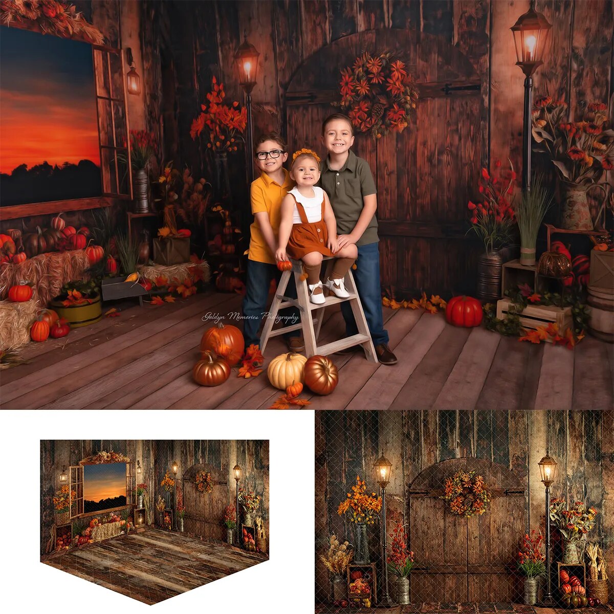 Arrière-plan de porte de grange d'automne, fenêtres d'automne, photographie de famille pour enfants, accessoires d'arrière-plan pour séance photo d'anniversaire de bébé, Halloween 