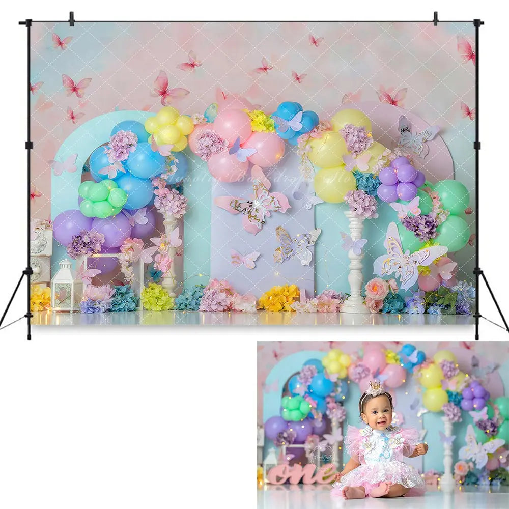 My Sweet Butterfly Backdrop Floral Balloon Arch Kids Baby Cake Smash Photography Props Child Girls Adult Birthday Backgrounds