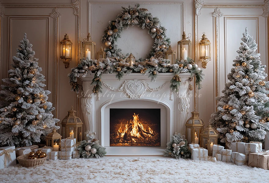 Christmas Backdrop with Fireplace and Xmas Trees Child Baby Birthday Cake Smash Photography Decor Girls Adult Studio Backgrounds