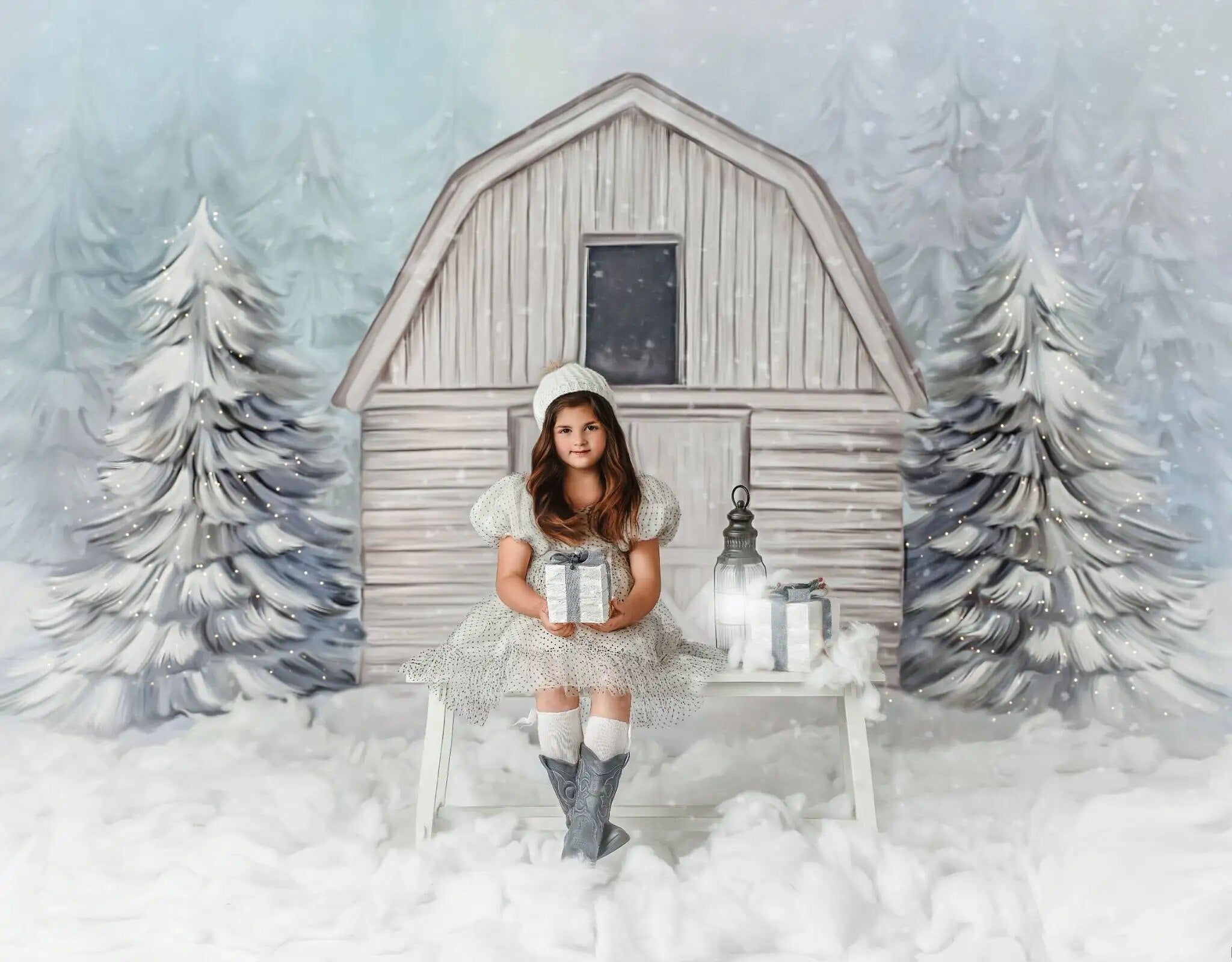 White Snowy Barn Backdrops Kids Child Portrait Photography Adult Baby Photocall Props Xmas Trees Snow House Front Background