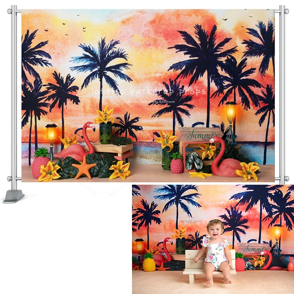 Summer Sunset Beach Backdrops Kids Baby Cake Smash Birthday Props Girl Children Palm Tree Flamingo Starfish Decor Background