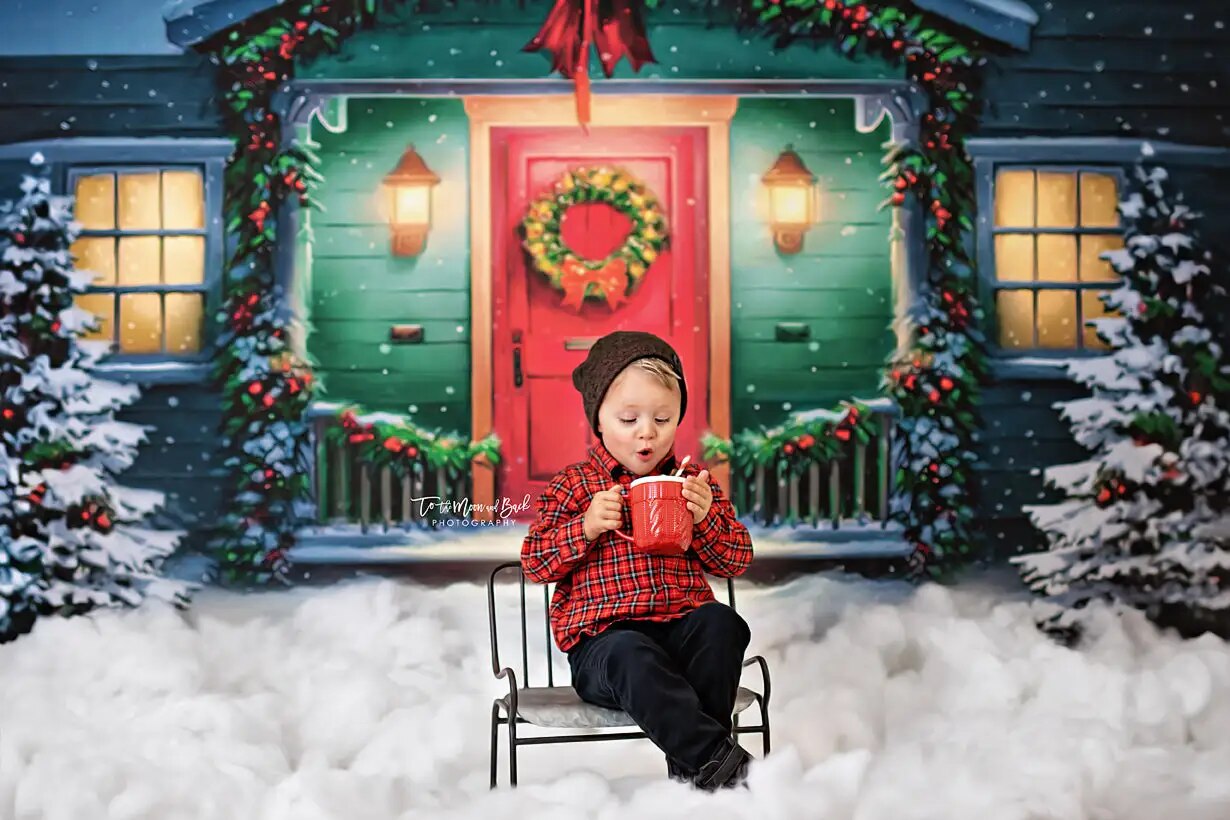 Magical Holiday Porch Backdrops Kids Baby Photography Props Child Adult Photocall Christmas Red House Door Front Background