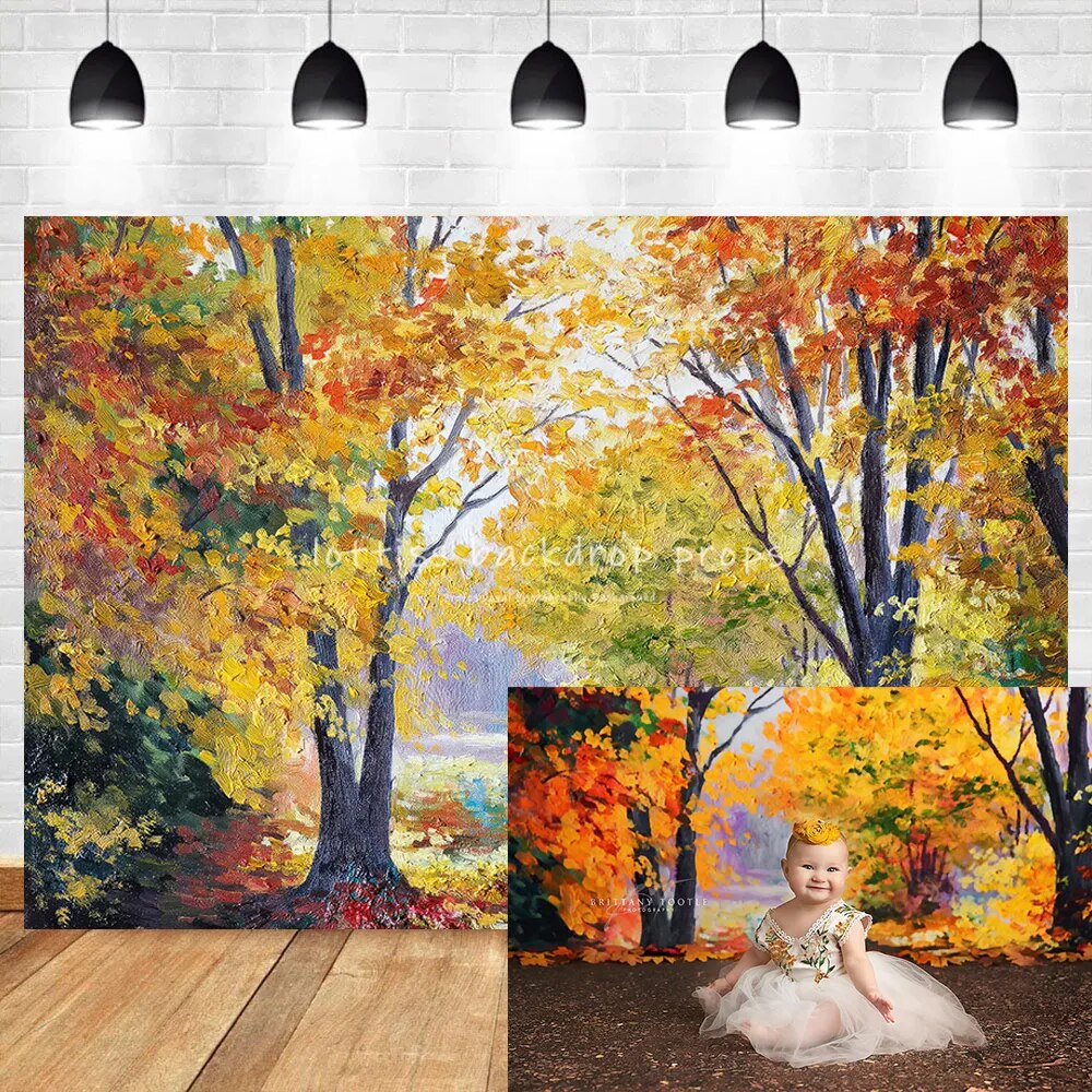 Autumn Kids Photography Backdrop Cake Smash Decor Forest Maple Trees Scene Background Baby Adult Portrait Props Photostudio