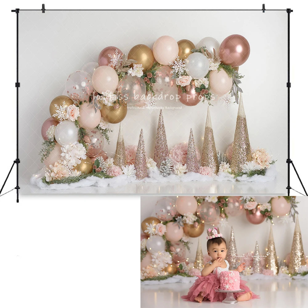 Rose Gold Sparkle Floral Backdrops Kids Baby Photography Child Cake Smash Photocall Decors Spring Floral Balloons Backgrounds