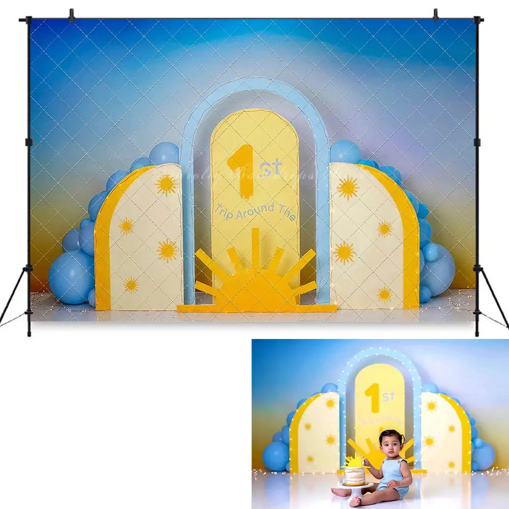 1st Trip Around The Sun Photography Backdrop Kids Baby Cake Smash Photocall Decors Girls Adult Birthday Studio Backgrounds