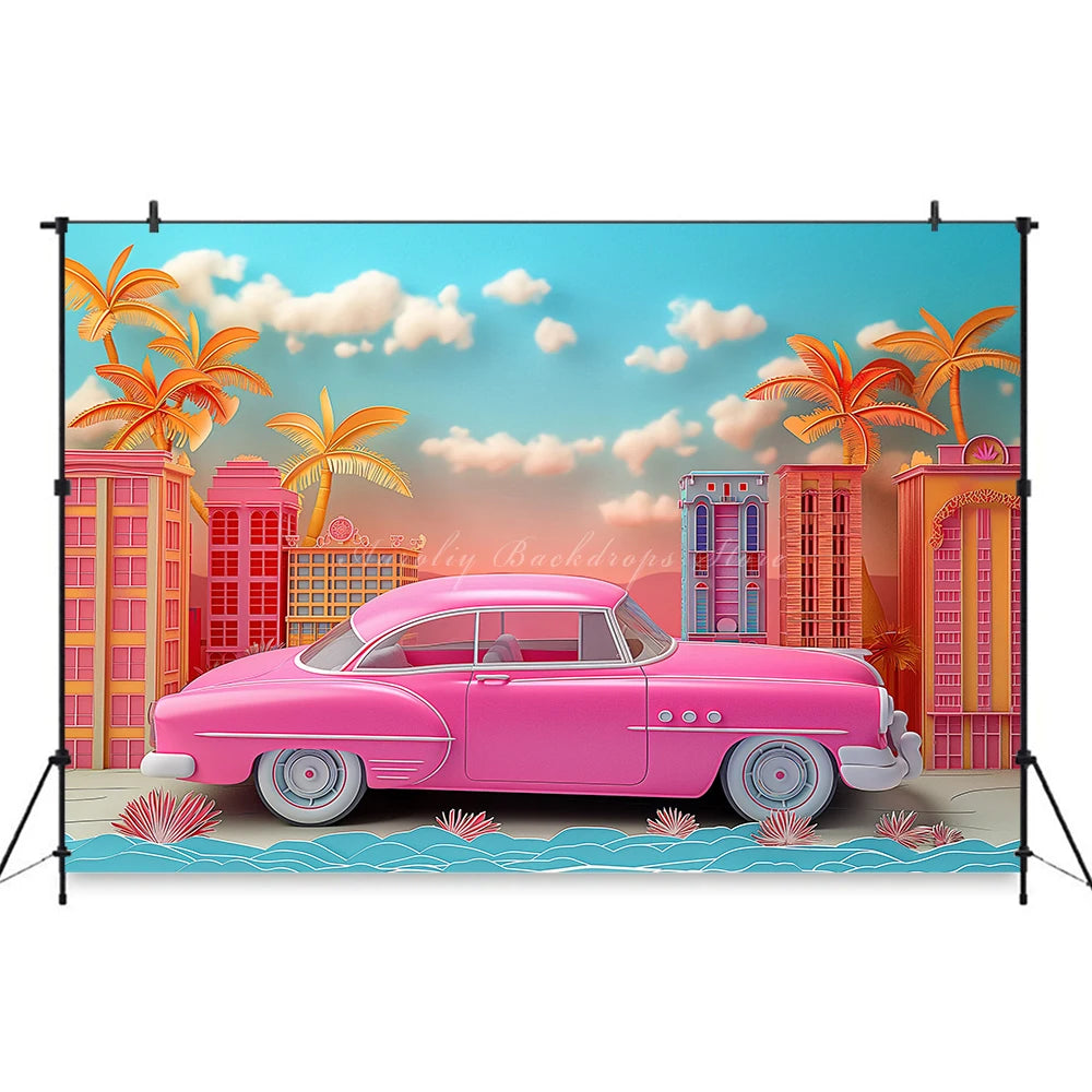 Classic Pink Car Sits on the Beach Photography Backdrop Kids Baby Cake Smash Photocall Decors Summer Plam Tree Studio Background