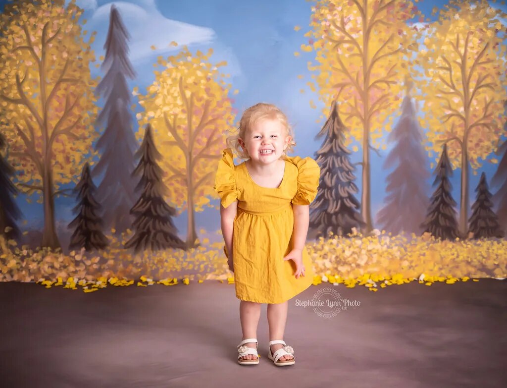 Fall Forest Backdrops Kids Baby Birthday Photography Child Adult Cake Smash Photocall Yellow Autumn Leaves Trees Background