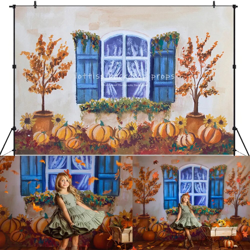 Arrière-plan fantastique de fenêtres d'automne, accessoires de photographie pour enfants et bébés, décors de gâteau d'anniversaire pour enfants et adultes, arrière-plan de citrouille d'automne 