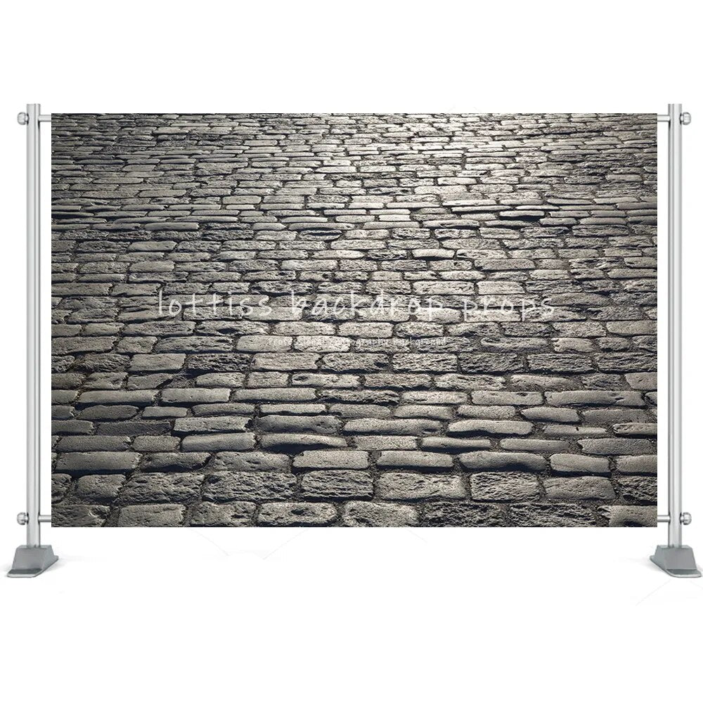 Stone Floor Backdrop Brick Road Photography Texture Design Black White Cobblestone Pavement Background Street Floor Photo Props