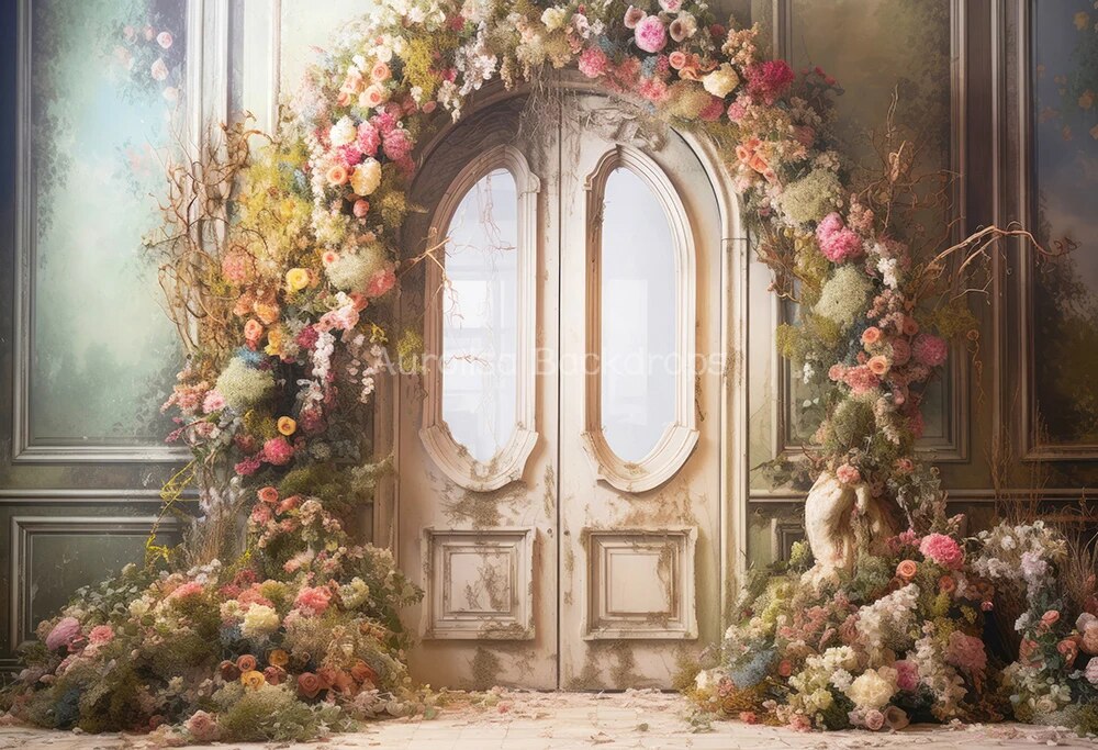 Garden Doors Backdrops Kids Baby Spring Photography Props Child Adult Girl Photocall Country Pink Rose Floral Bunny Background