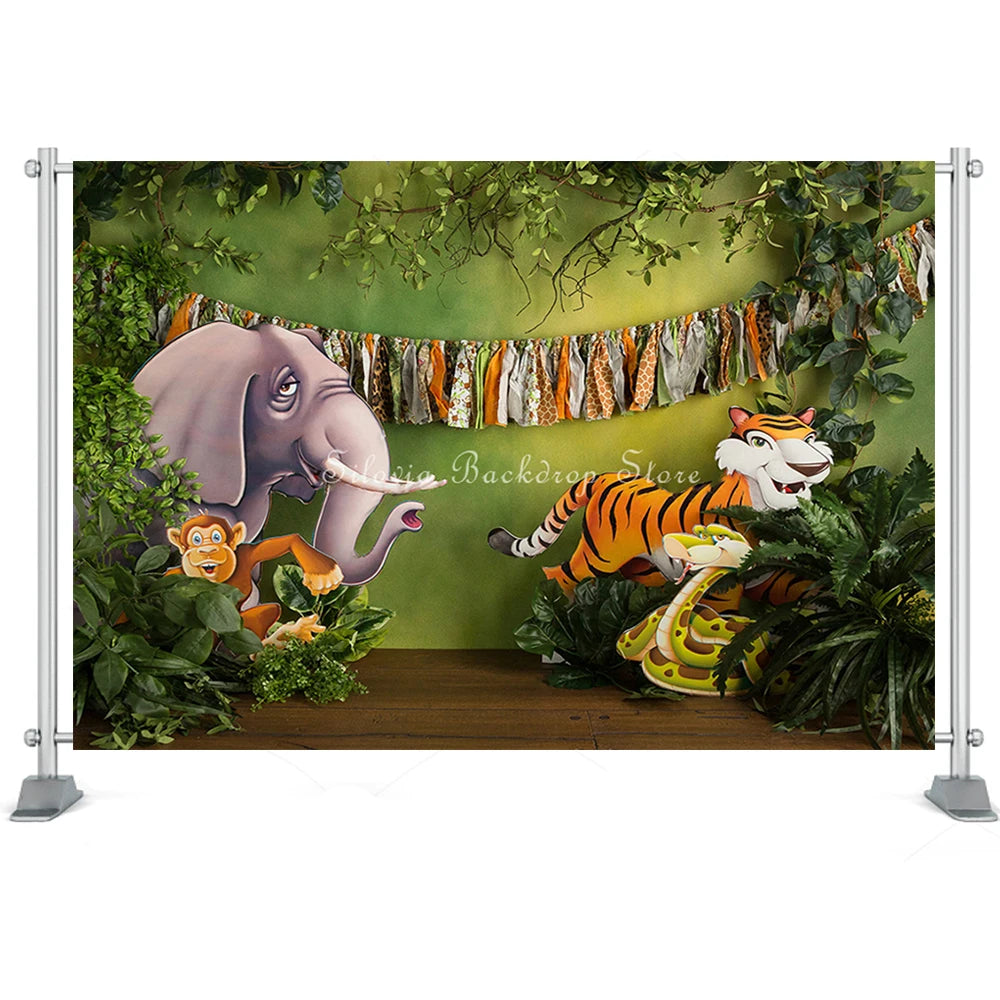 Jungle Story Animals Photo Background Tiger Elephant Decor Children Birthday Cake Smash Photography Backdrop Photo Studio Props