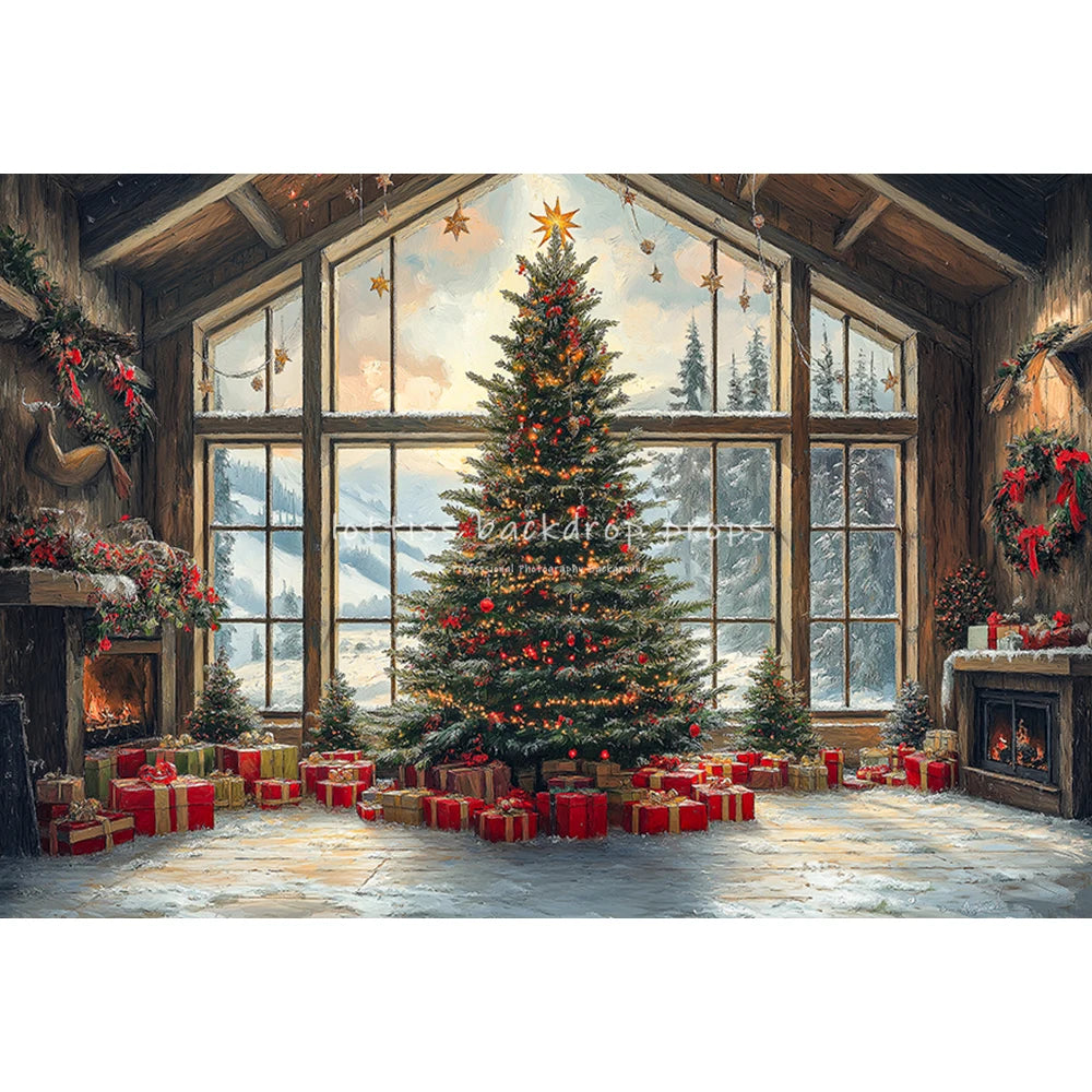 Xmas Window Big Christmas Tree Backdrops Kids Adult Photography Child Baby Photocall Fireplace Backgrounds